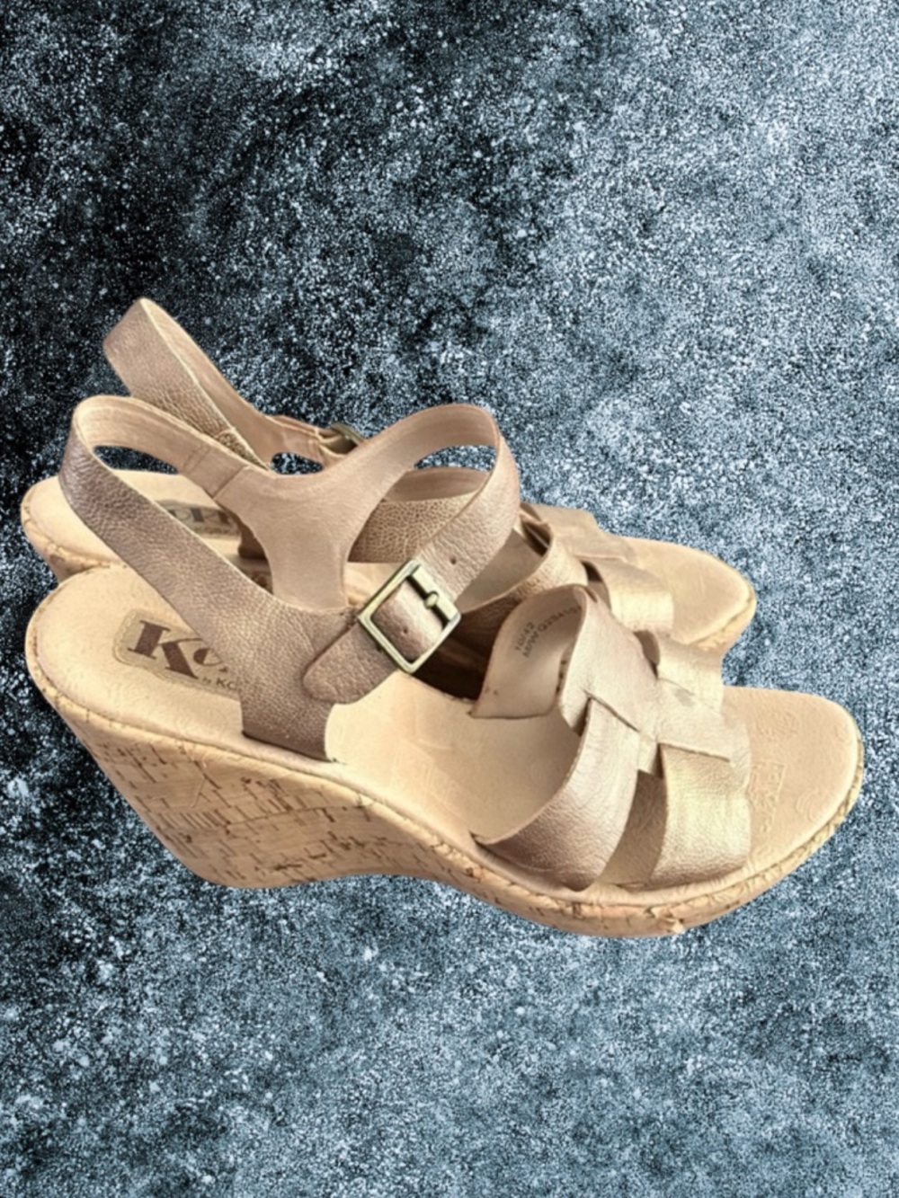 Korks by Kork-Ease Strappy Gold Leather Cork Wedge Heels Sandals Size